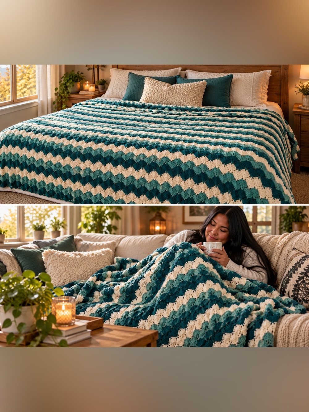 Handmade Crochet Ripple Afghan Blanket 80” x 67” Teal Aqua & Cream